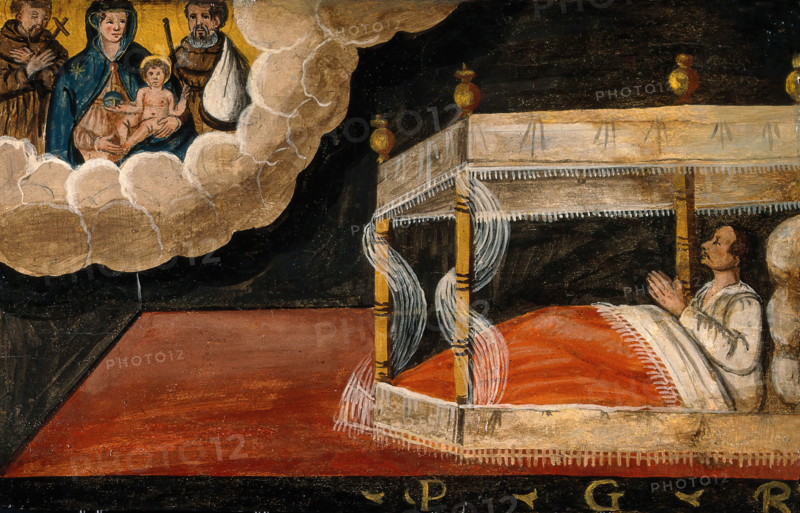 A man in bed praying to the Virgin and Child and two Franciscan saints. Creator: Unknown.