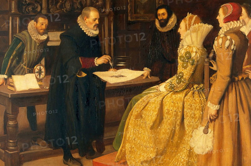 William Gilbert demonstrating the magnet before Queen Elizabeth, 1598, c1912. Creator: Ernest Board.