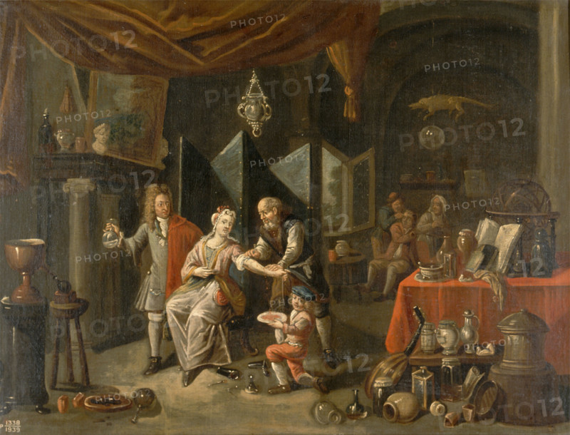 A surgeon letting blood from a woman's arm, and a physician examining a urine-flask, c1700s.. Creator: Balthasar van den Bossche.