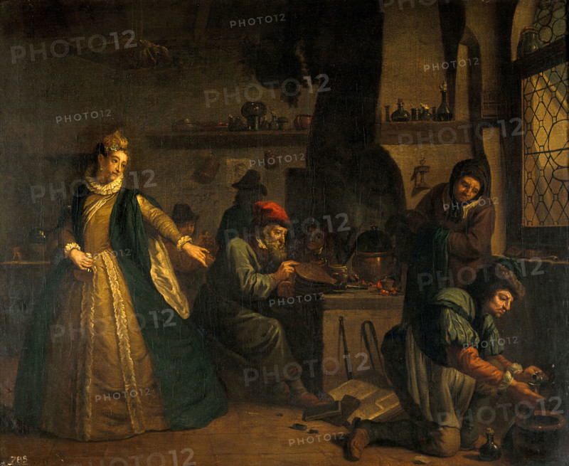 A lady visiting an alchemist's laboratory, c1730s. Creator: Jan Josef Horemans I.