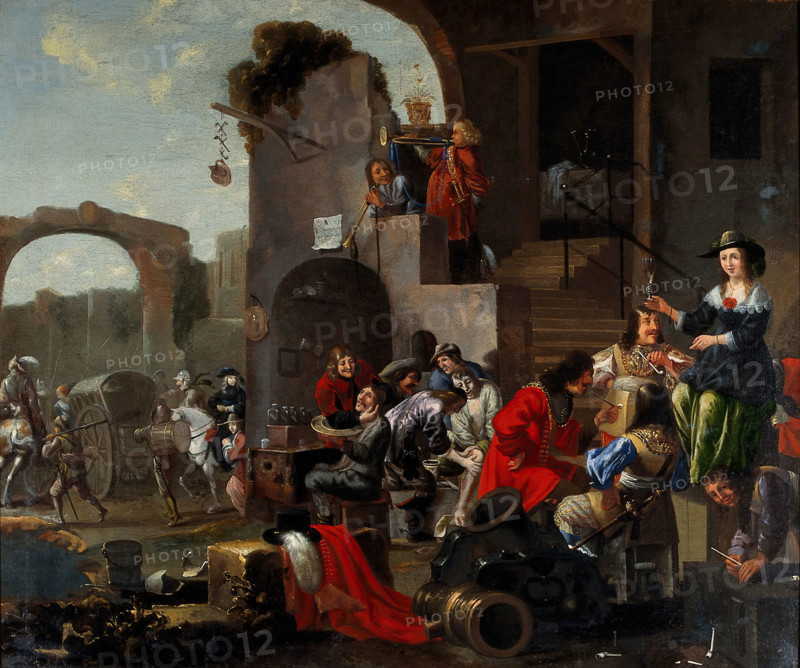 A barber and a surgeon attending to soldiers, c1680s. Creator: Unknown.