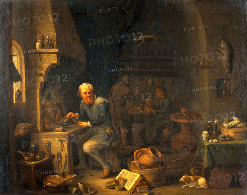 An alchemist seated at a furnace, turning away in thought, c1680s. Creator: Teniers, David, 1610-1690 (By or After).