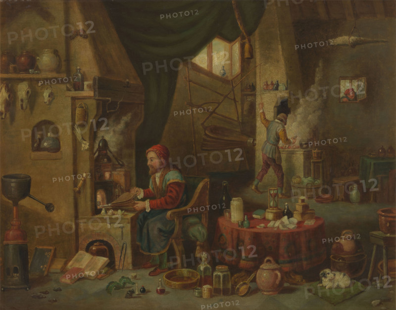 An alchemist in his laboratory, c1680s. Creator: Follower of David Teniers II.