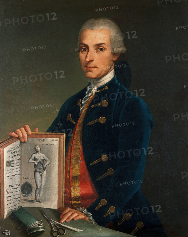 A man holding an anatomy book with an engraving of a woman showing her viscera, 18th century. Creator: Unknown.