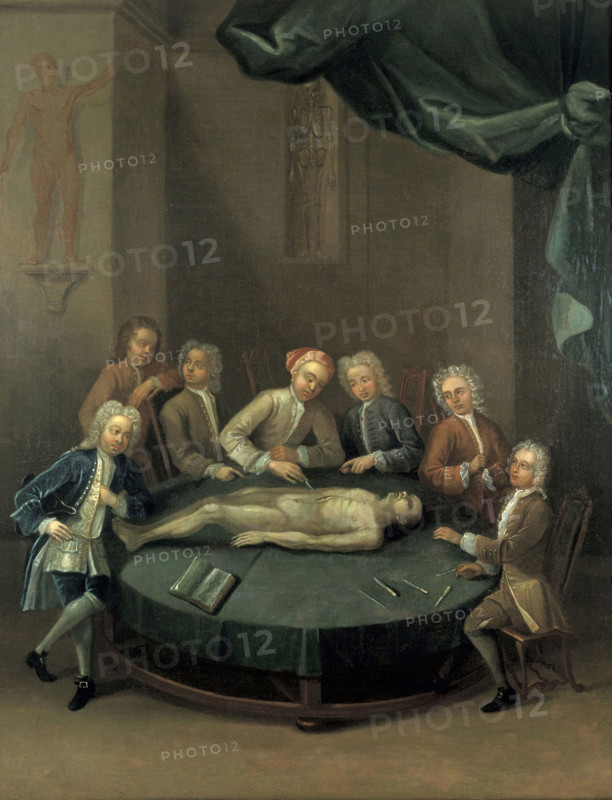William Cheselden giving an anatomical demonstration to six spectators in the anatomy...1730s. Creator: Unknown.