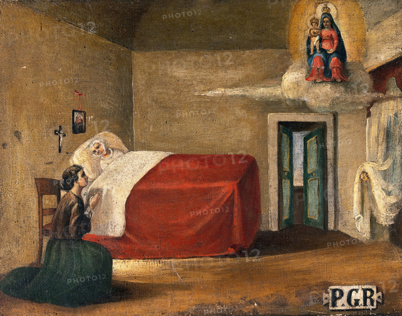 A woman in bed, a second woman kneeling beside her in prayer to the Virgin and Child, 19th century. Creator: Unknown.