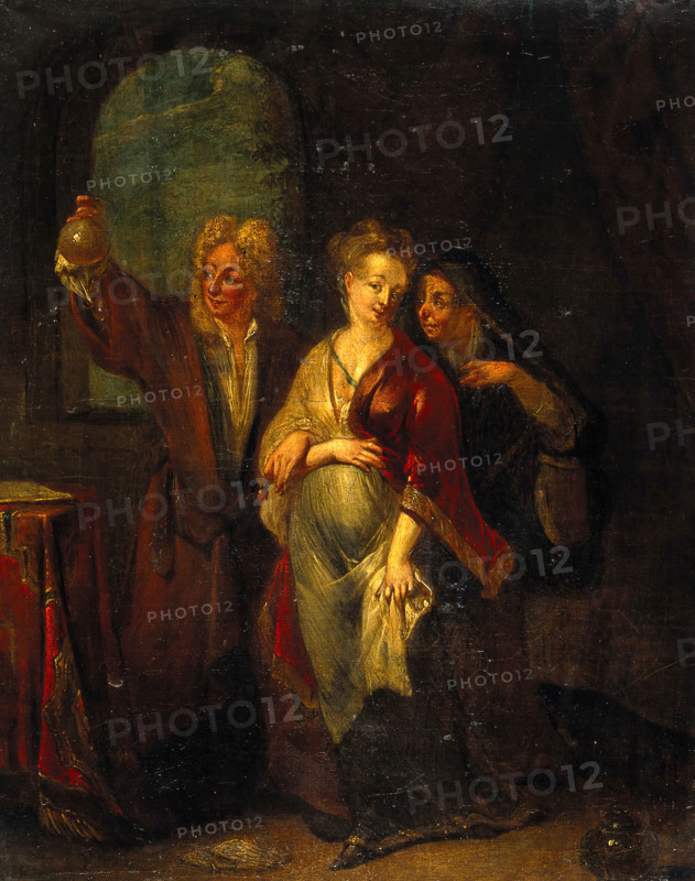 A physician examining the urine of a pregnant girl, 18th century. Creator: Unknown.