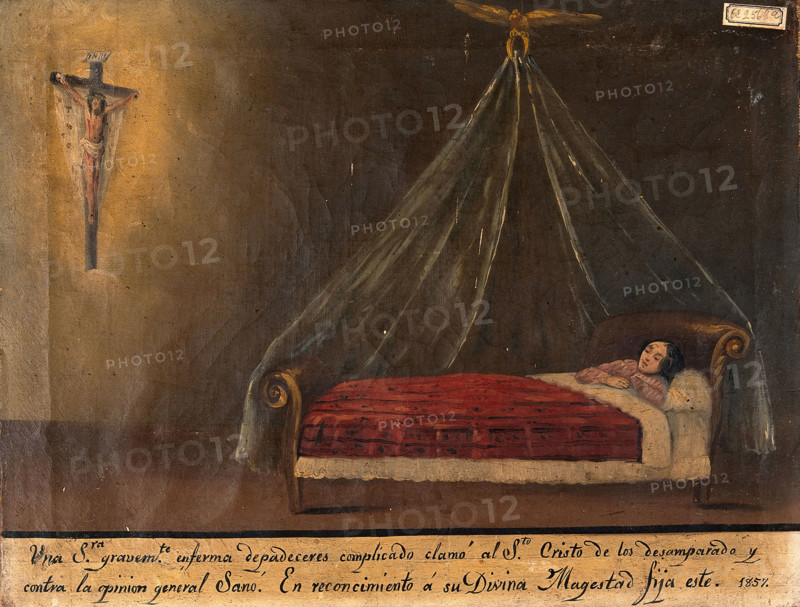 A sick woman praying to Christ on the cross, 1857. Creator: Unknown.