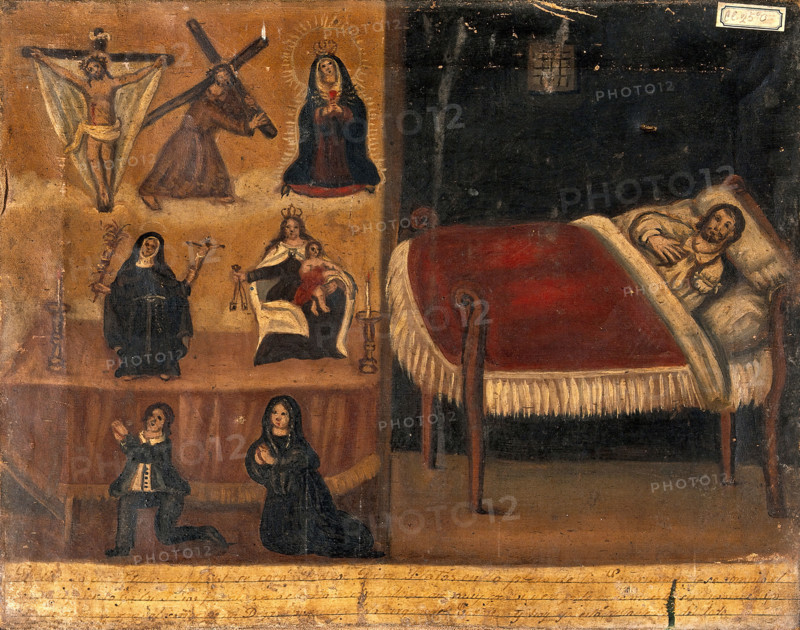 Pedro Diaz Platas with a broken arm (?), his wife (?) and son praying for him after an...1861. Creator: Unknown.