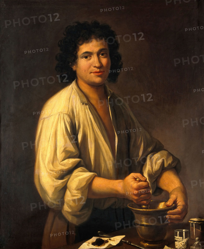An apothecary (a man using pestle and mortar), 18th century. Creator: Unknown.