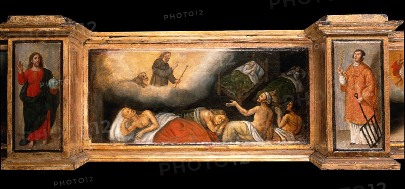 Predella with three scenes of Saint Roch, and figures of Saint Peter, Christ as..., c1580- 1620. Creator: Unknown.