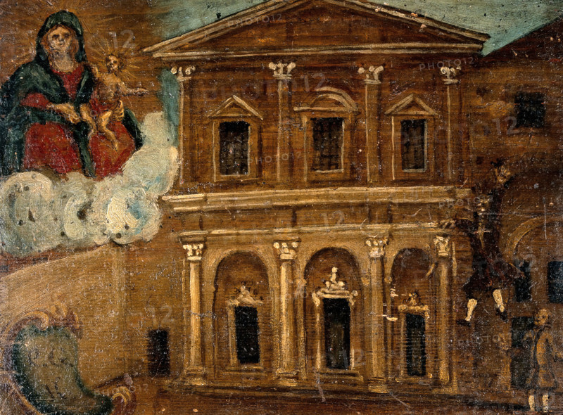 A man falling from the upper storey of a building into a courtyard. Creator: Unknown.