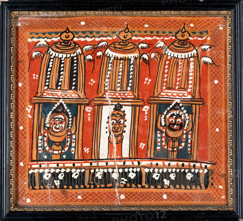 Balarama, Subhadra and Jagannath in three shrines surmounted by winged domes, c1880/1910. Creator: Unknown.