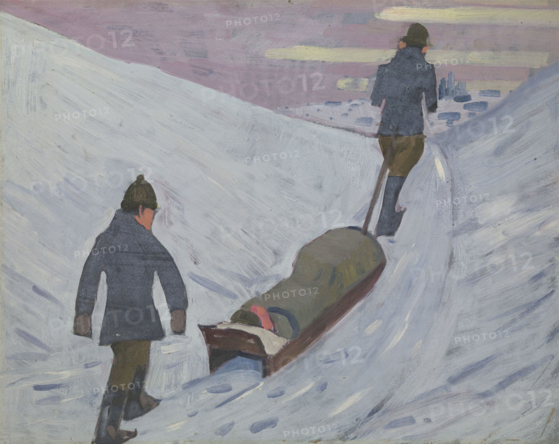World War I: transport of the wounded by sledge in Russia, 1918. Creator: Jan Gordon.
