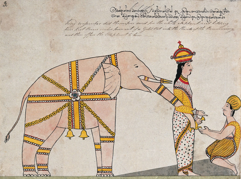 Prince Vessantara offers an elephant to the seven brahmins from Kalinga, 1815. Creator: Unknown.