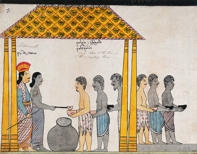 The representative of the people of Jetuttara gives alms to the poor in the victualling rooms, 1815. Creator: Unknown.
