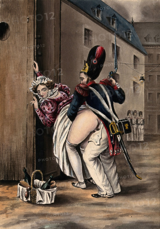 A grenadier and a woman having sexual intercourse outside a sentry box, she has laid her basket... Creator: Unknown.
