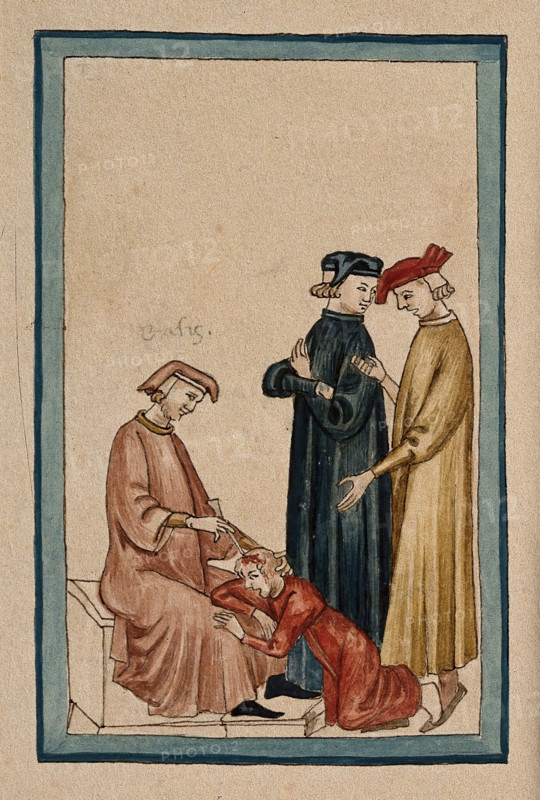 A sitting physician is trepanning another man's head while two others consult. Creator: Unknown.