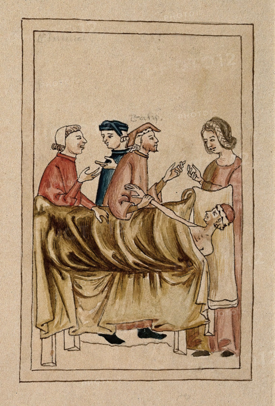 A sick man lies in bed while a physician takes his pulse and others consult. Creator: Unknown.