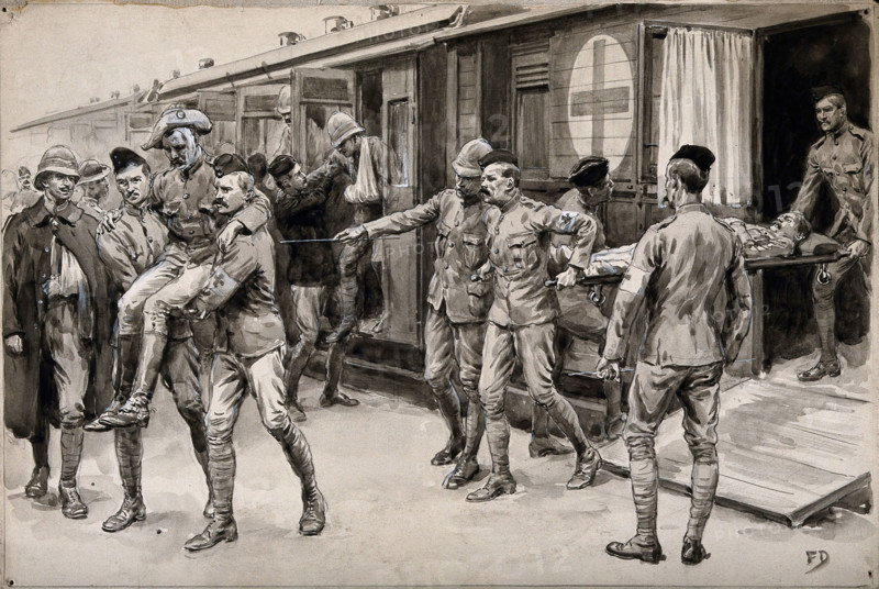 Boer War: wounded soldiers being escorted off the hospital train at Durban from Ladysmith, 1899. Creator: Frank Dadd.