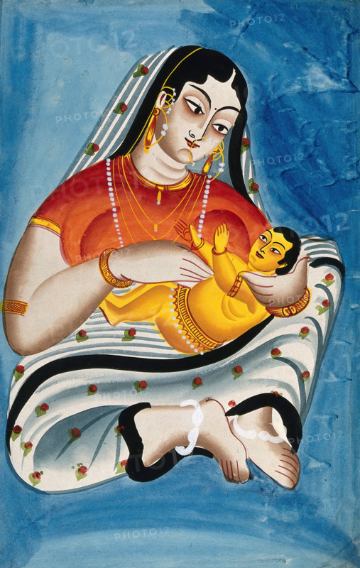A woman and a child against a blue background. Creator: Unknown.