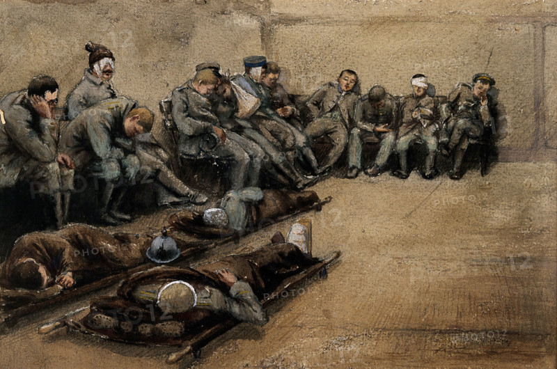 Russo-Japanese War: wounded soldiers slouched on benches and on stretchers on a stone floor. Creator: Unknown.