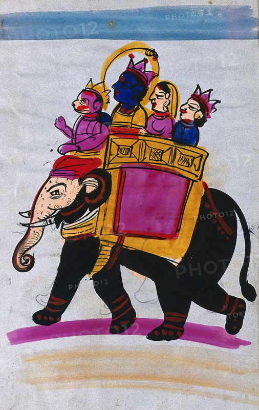 Hanuman leading an elephant carrying Rama, Sita and Laksmana. Creator: Unknown.