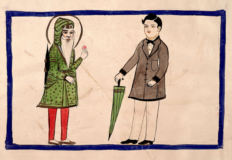 Two men, one in Punjabi dress, one in European dress. Creator: Unknown.