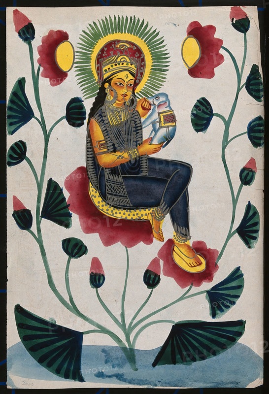 A goddess on a flowering plant holding a baby elephant, could either be Lakshmi or Parvati. Creator: Unknown.