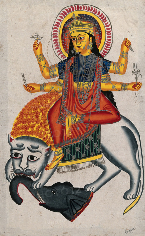 Durga riding on her lion killing a demon, (between 1800 and 1899?). Creator: Unknown.