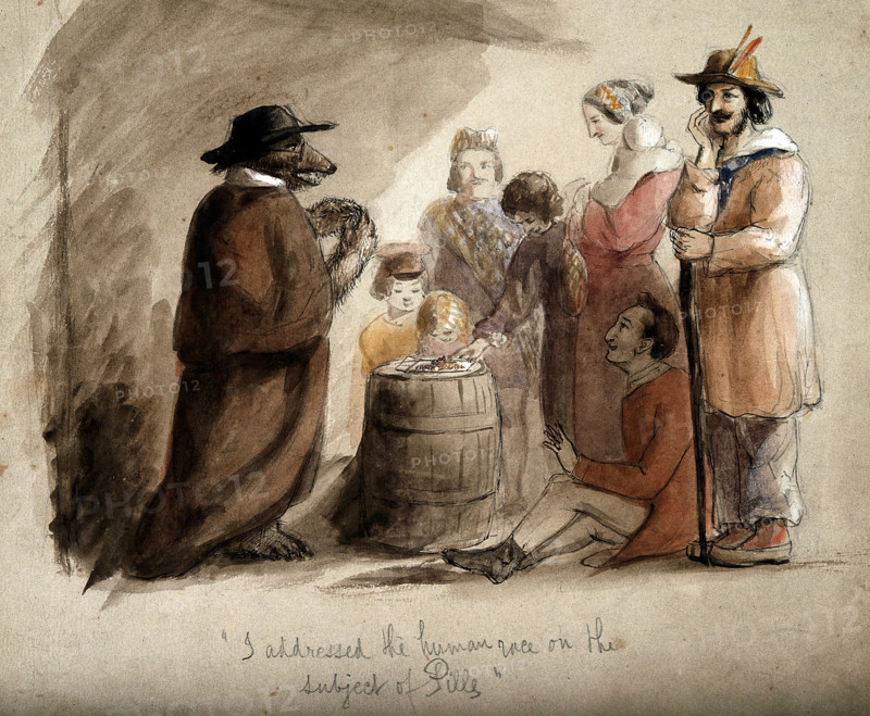 A bear wearing a hat and a cloak, selling pills to a group of country folk in Leipzig. Creator: John Frederick Tayler.
