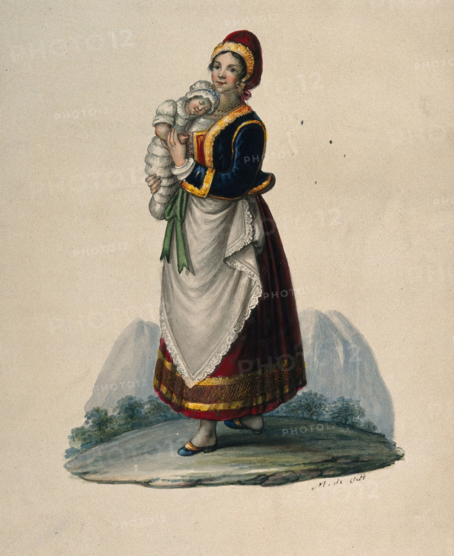 A wet-nurse dressed in Neapolitan costume holding a baby. Creator: M de Sate.