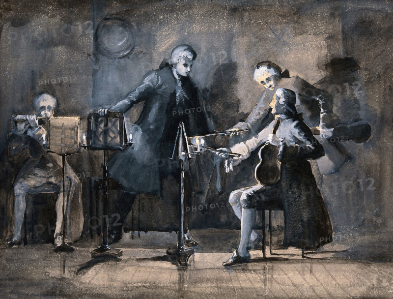 A quartet of musicians tuning up; two violinists point to their scores with their bows. Creator: Unknown.