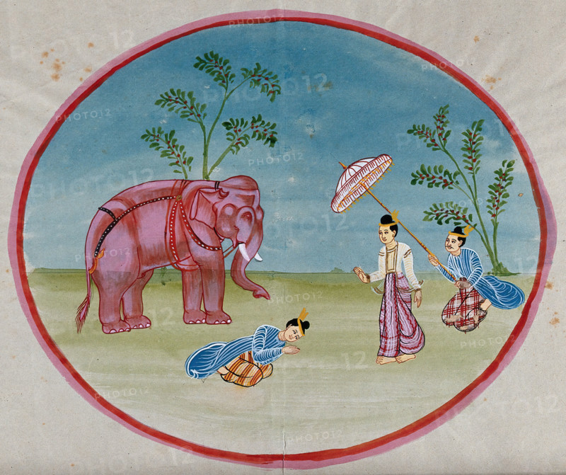 Burma: a lady attended by a servant bringing an elephant and another..., between 1800 and 1899. Creator: Unknown.