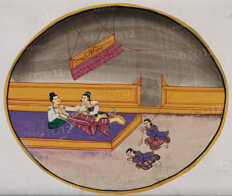 Burma: two figures reclining on a bed in a palace, while one servant swings..., between 1800 & 1899. Creator: Unknown.