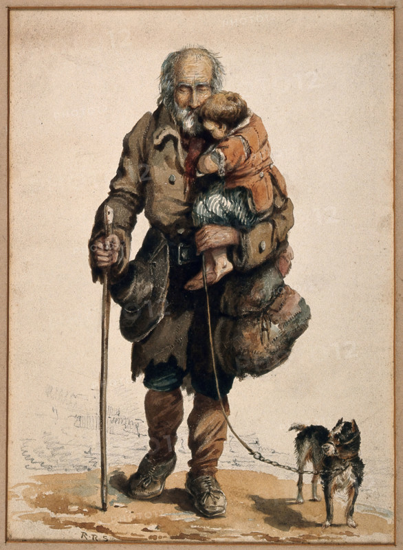 An old blind man holding a child walks guided by his stick and dog. Creator: Unknown.