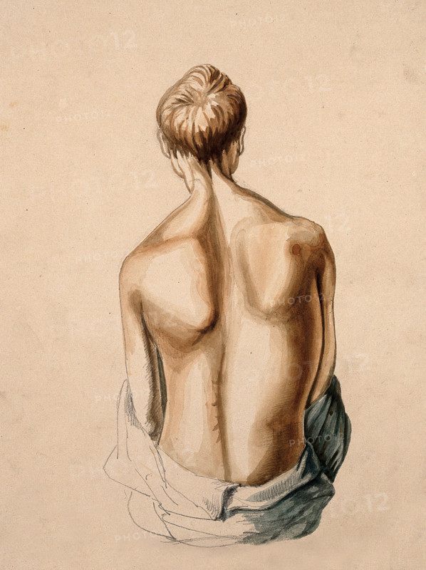 A figure, viewed from the waist up, as seen from behind. Creator: Unknown.