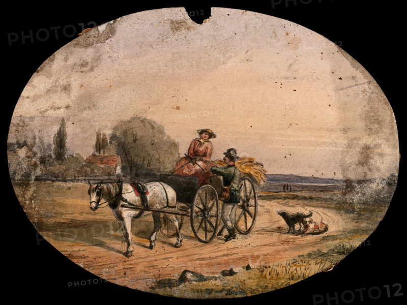 A woman driving a horse-drawn cart loaded with hay has stopped on the road to speak to a man... Creator: Unknown.