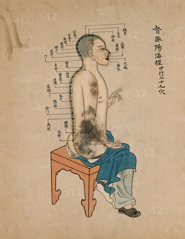 Acupuncture chart with a series of points indicated on the figure of a seated Chinese man, 1700-1799 Creator: Unknown.