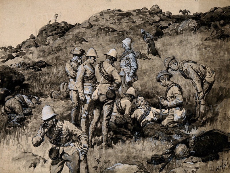 Boer War: British soldiers tending wounded Boers in an early stage of the Battle of Spion Kop, 1900. Creator: Henry Marriott Paget.