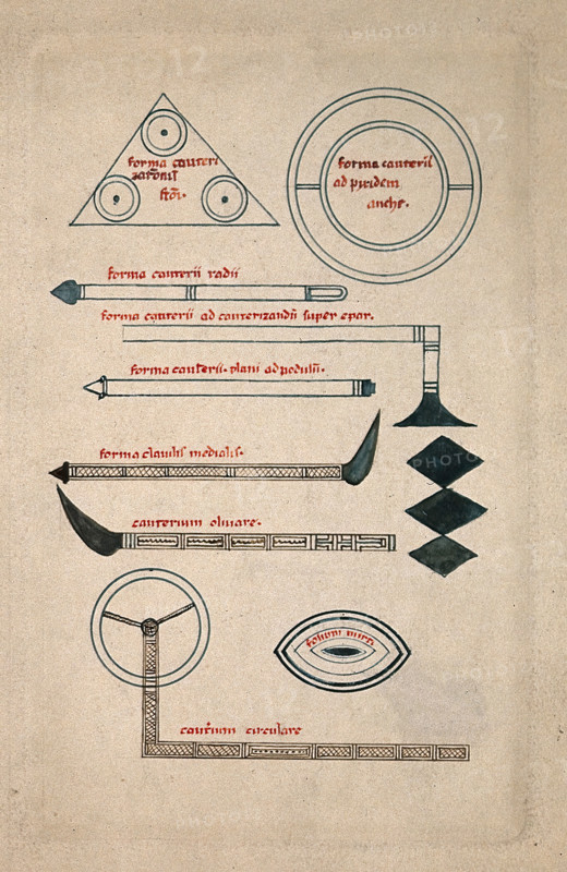 Surgical instruments, mainly cauterising needles and irons. Creator: Unknown.