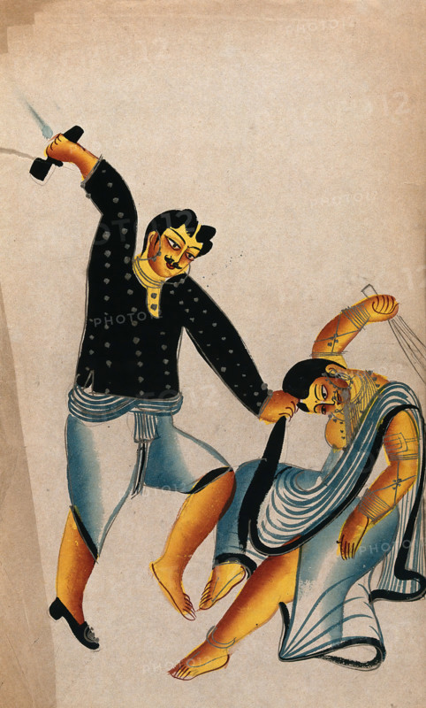 Domestic violence: a husband holding his wife by the hair about to strike her with a shoe... Creator: Unknown.