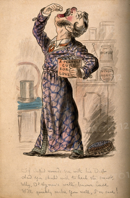 A love sick man taking some of Doctor Hymen's pills to try and cure himself. Creator: Unknown.