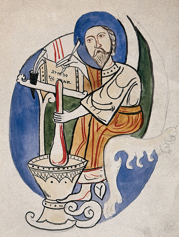 A scholar/apothecary mixing a concoction with a pestle and mortar and writing down the remedy... Creator: Unknown.