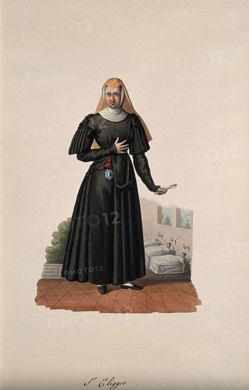 A nun holding a medicine spoon with her hospital behind her. Creator: Unknown.