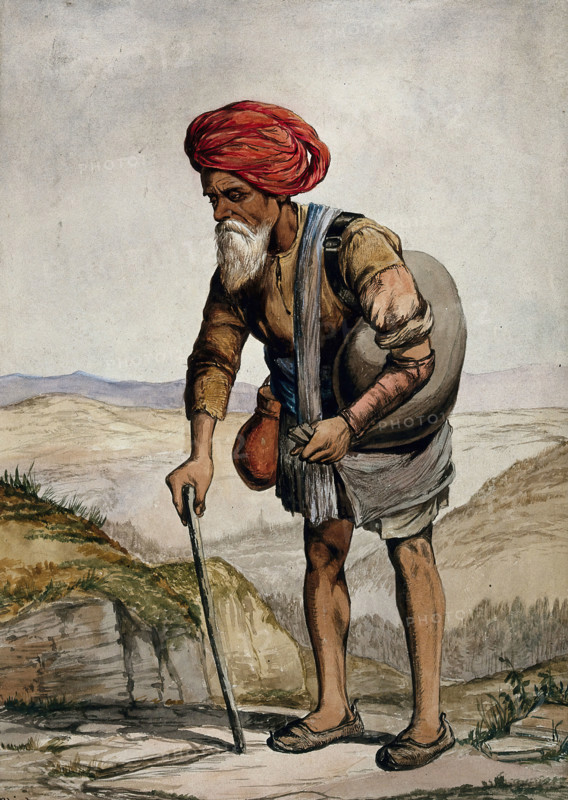 An old man of Simla, holding a stick, standing with a sack on his shoulder, 1866. Creator: R Clint.