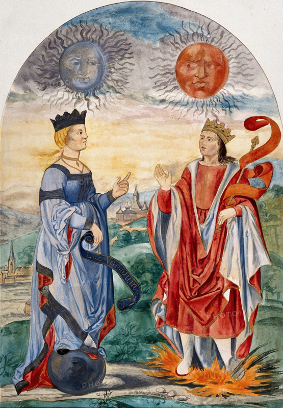A moon above a queen dressed in blue, and a sun above a king dressed in red..., 1900-1909. Creator: Edith Annie Ibbs.