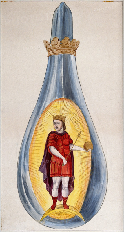 A crowned alchemical flask containing a young king, dressed in red, representing the..., 1900-1909. Creator: Edith Annie Ibbs.