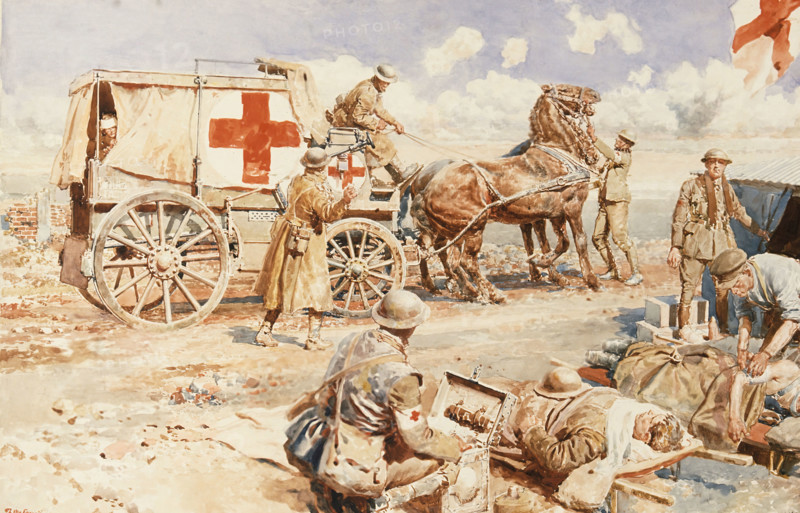 World War I: an advanced dressing station on the Western Front, 1917. Creator: Fortunino Matania.