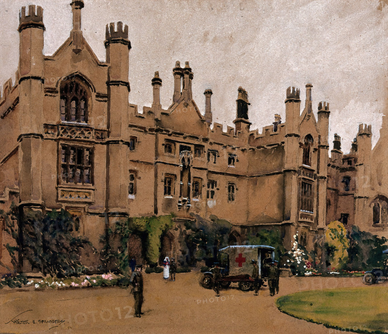 World War I: a neo-Gothic building used as a hospital, with an ambulance.., c1910s. Creator: Walter Ernest Spradbery.